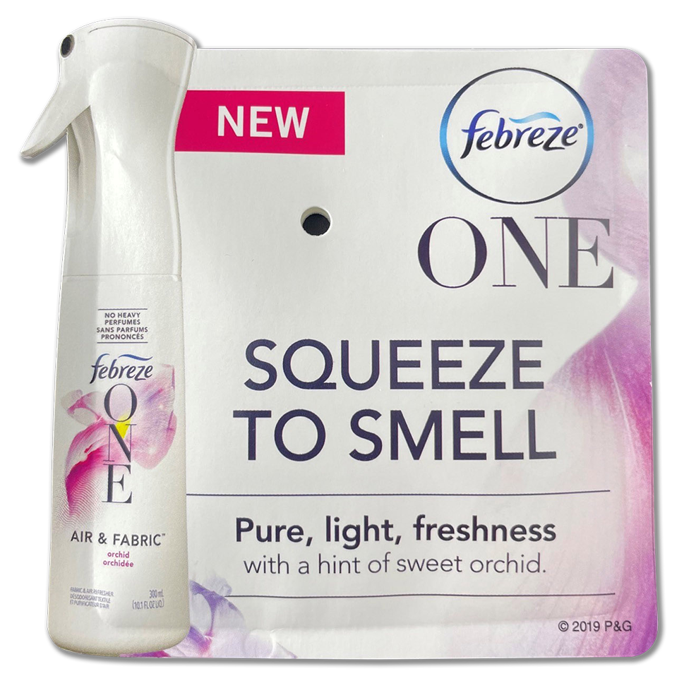A squeezable sachet of for scent sampling